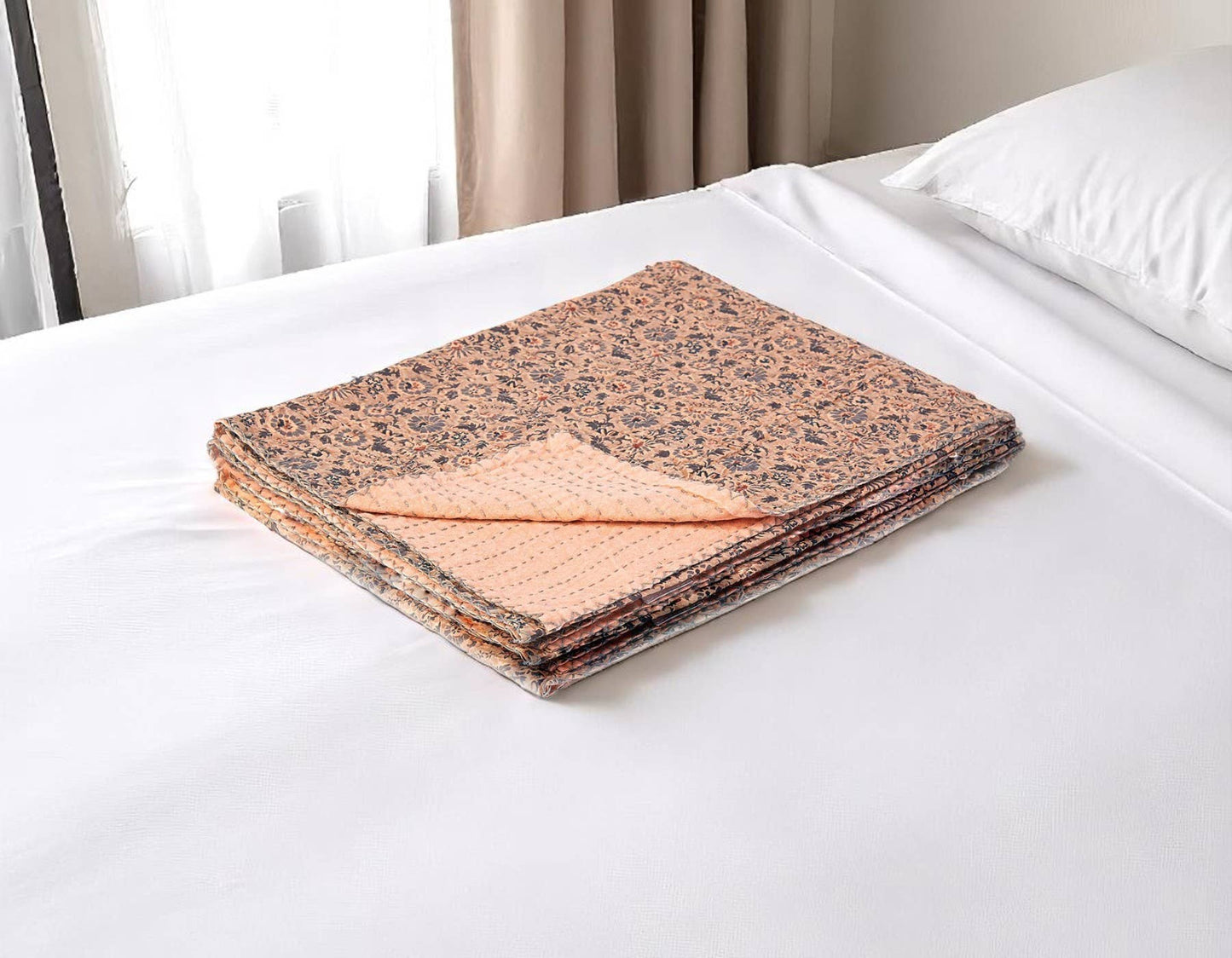 50" X 70" Peach And Gray Floral Cotton Quilted Kantha Throw Blanket with Embroidery: Magenta / Purple / Pink / Cotton - 50"x70"