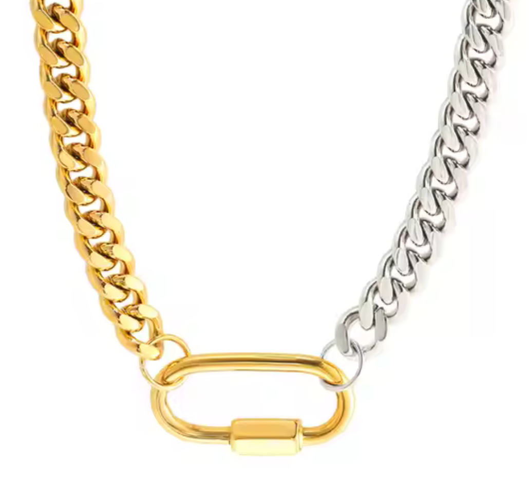 Carabiner  Stainless Steel Necklace Two Tone-opens: Silver