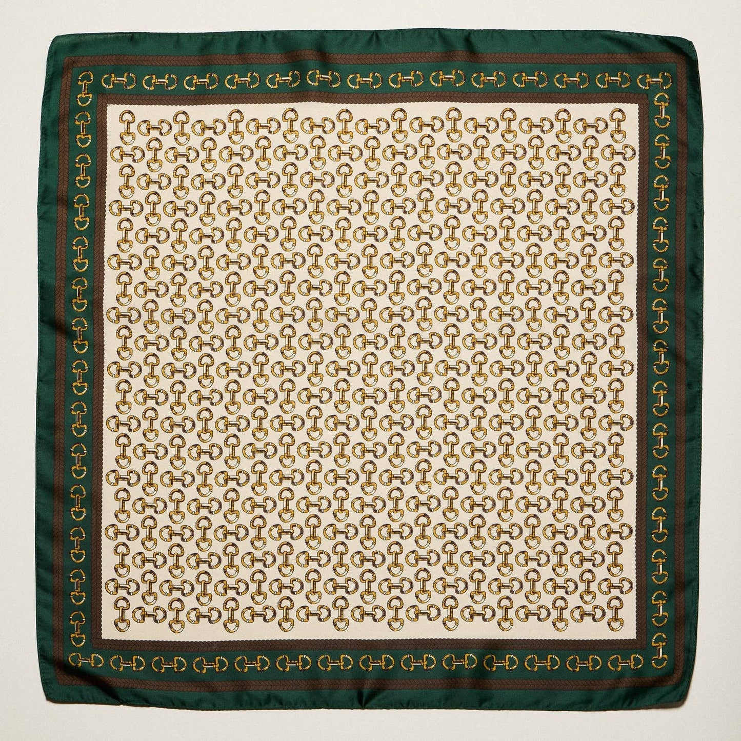 Classic Chain Print Square Scarf | Green & Navy Border Silk-Feel Fashion Scarf: BL / ONE
