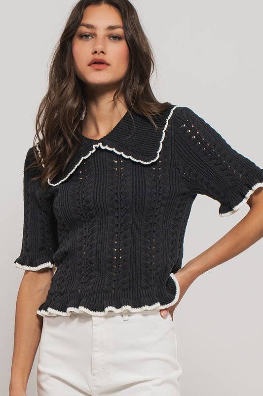 Black Crochet Knit Short Sleeve Top