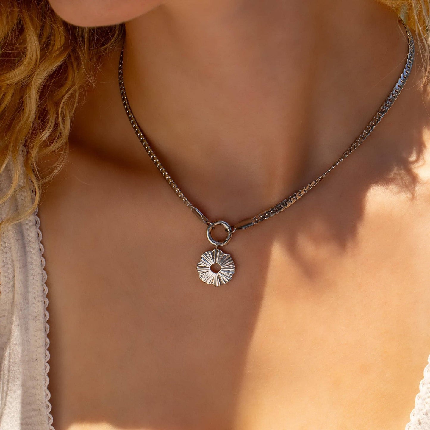 18K Gold PVD Stainless Steel Curb Charm Holder Necklace: Gold / 18'+2"