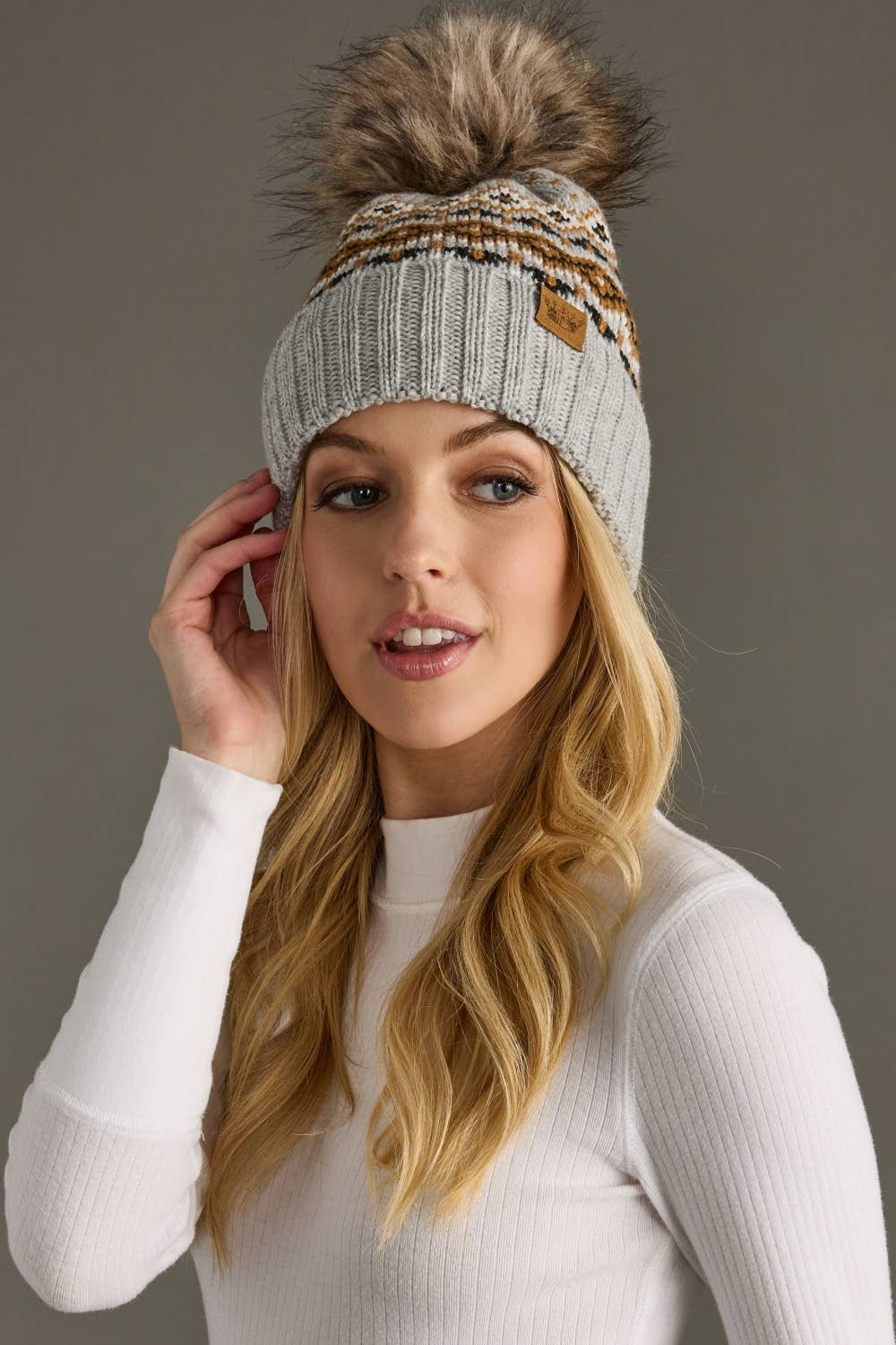 Gray, Camel & Black Patterned Pom Hat