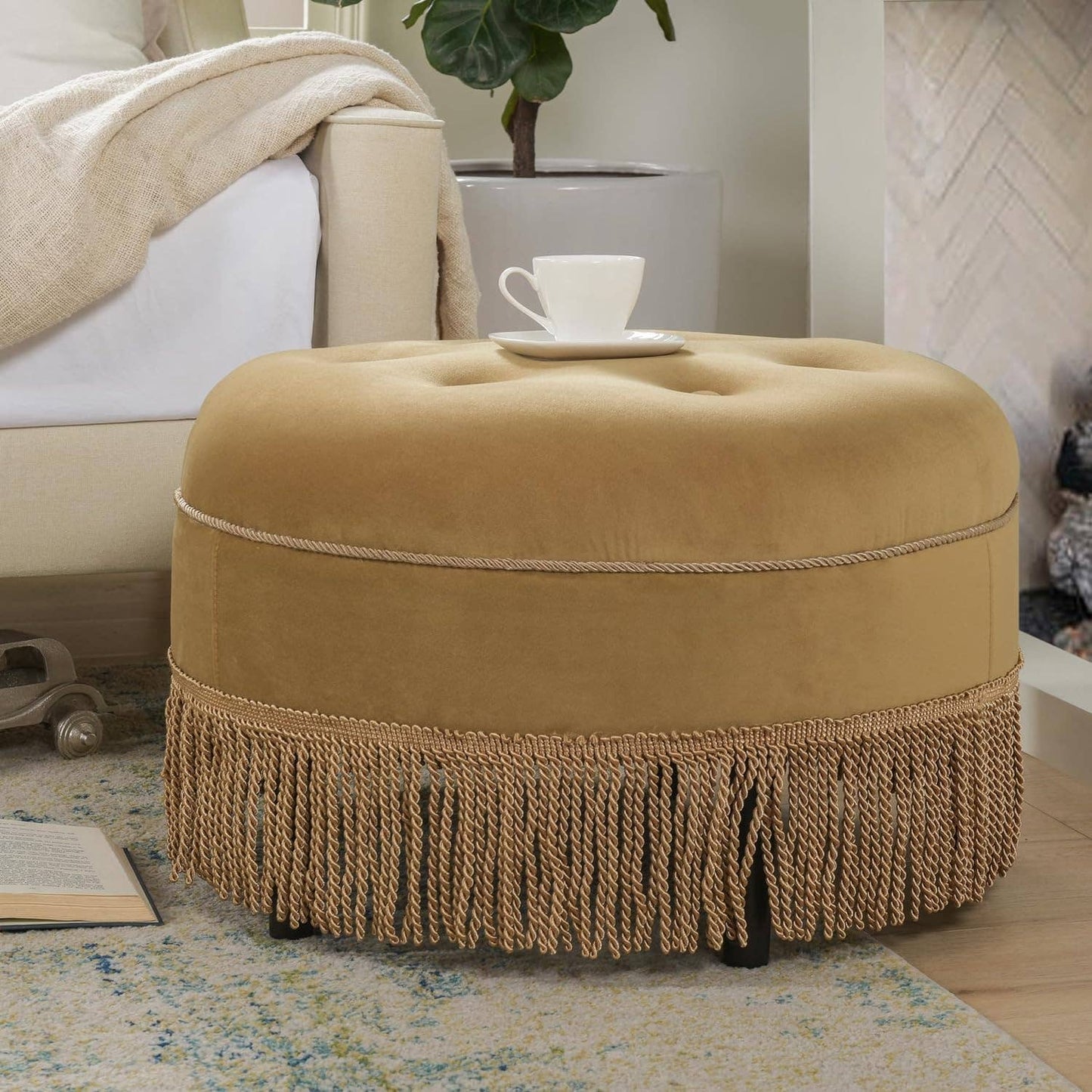 Olive Green: 24" Round Upholstered Accent Ottoman