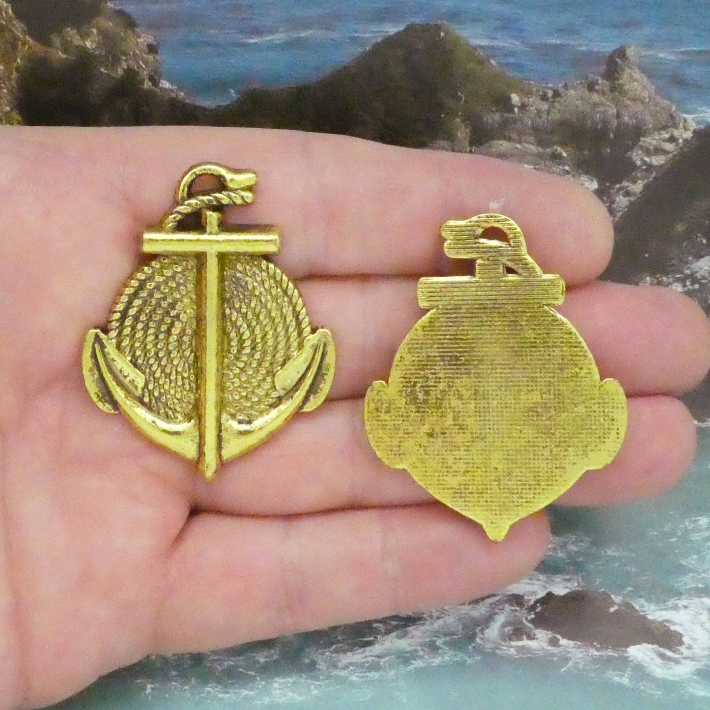 Large Gold Anchor Charm Pendant in Antique Pewter