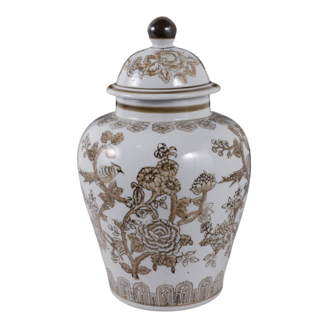 Decorative Jar - Brown/White Ceramic Chinoiserie Bird, 12 in