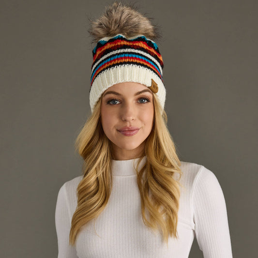 Ivory & Colorful Patterned Pom Hat