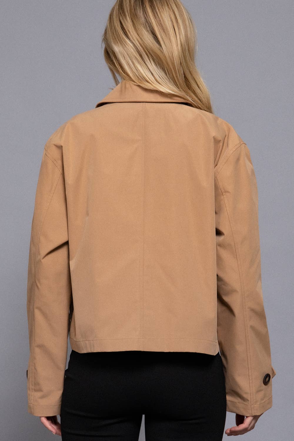 M-Long Sleeve Front Double Breasted Short Trench Jacket: BLK-black