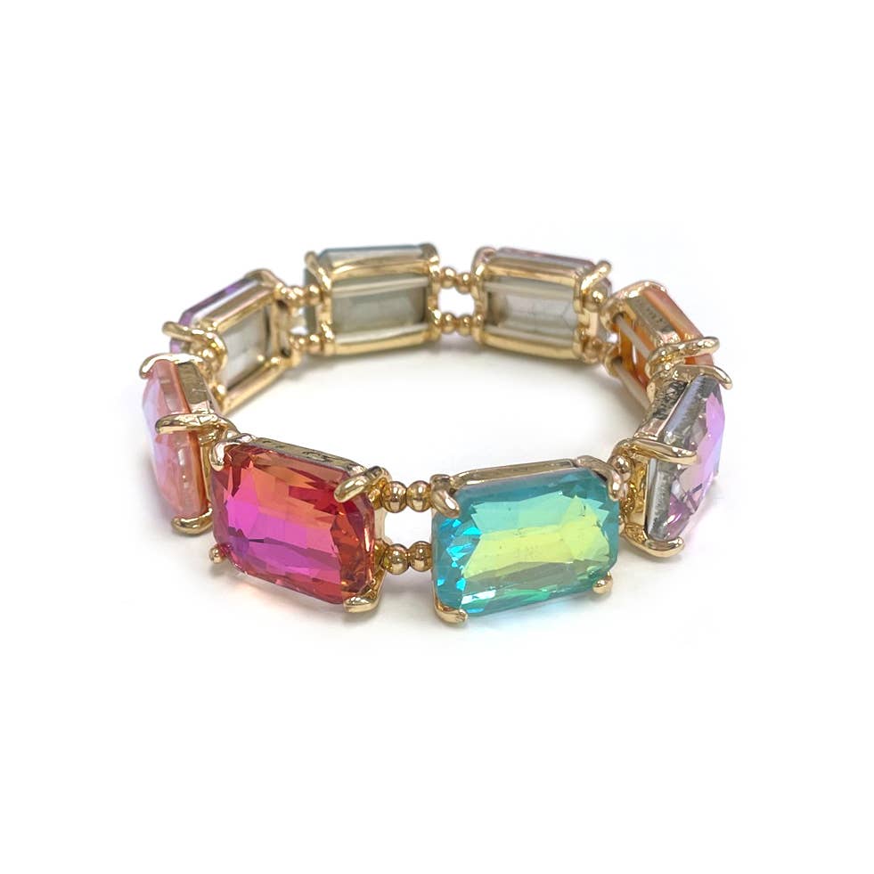 Rectangular Glass Crystal Linked Stretch Bracelet: Black Multi