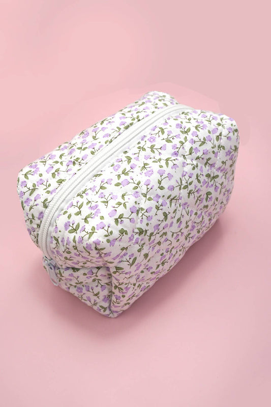 lavender: QUILTED COTTON FLORAL COSMETIC POUCH BAG