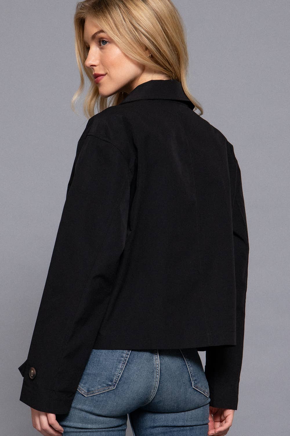 M-Long Sleeve Front Double Breasted Short Trench Jacket: BLK-black