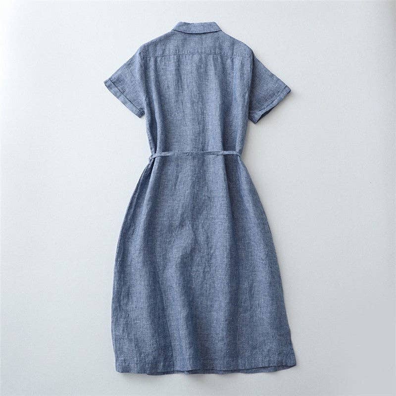 Half-Opening Buckle Waist Frenulum Polo Collar Mid Length Dress: DEEP SKY BLUE / S