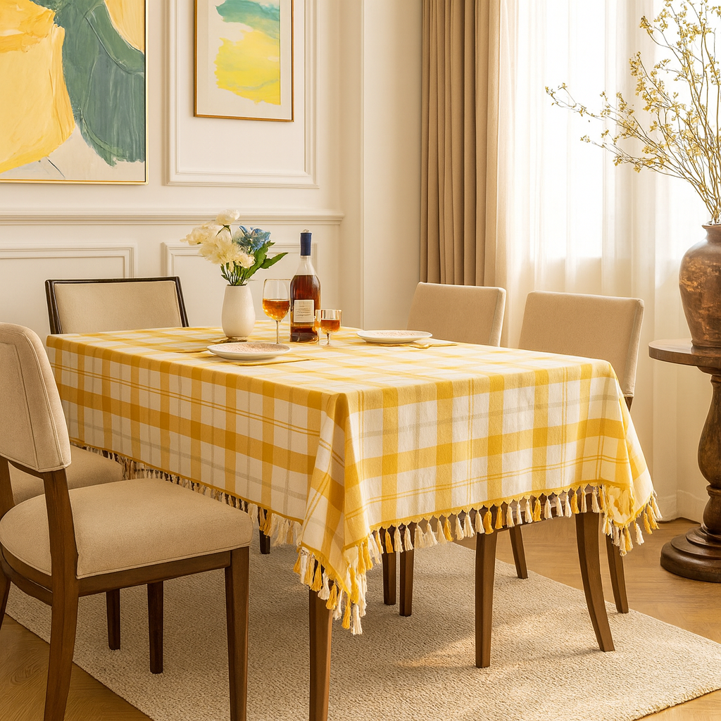 Yellow & White Plaid Cotton Blend  Tablecloth with Tassels: 56"X80"