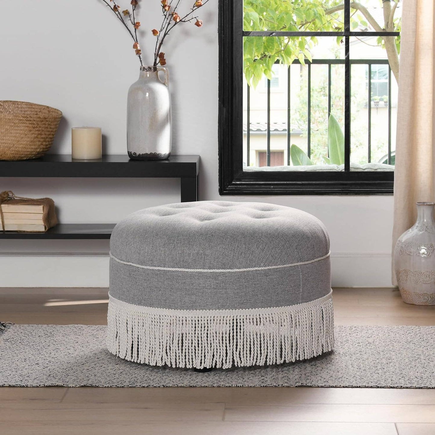 Olive Green: 24" Round Upholstered Accent Ottoman