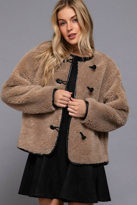 Long Sleeve Crew Neck with Toggle Look Button Fluffy Jacket: TPE-taupe / M