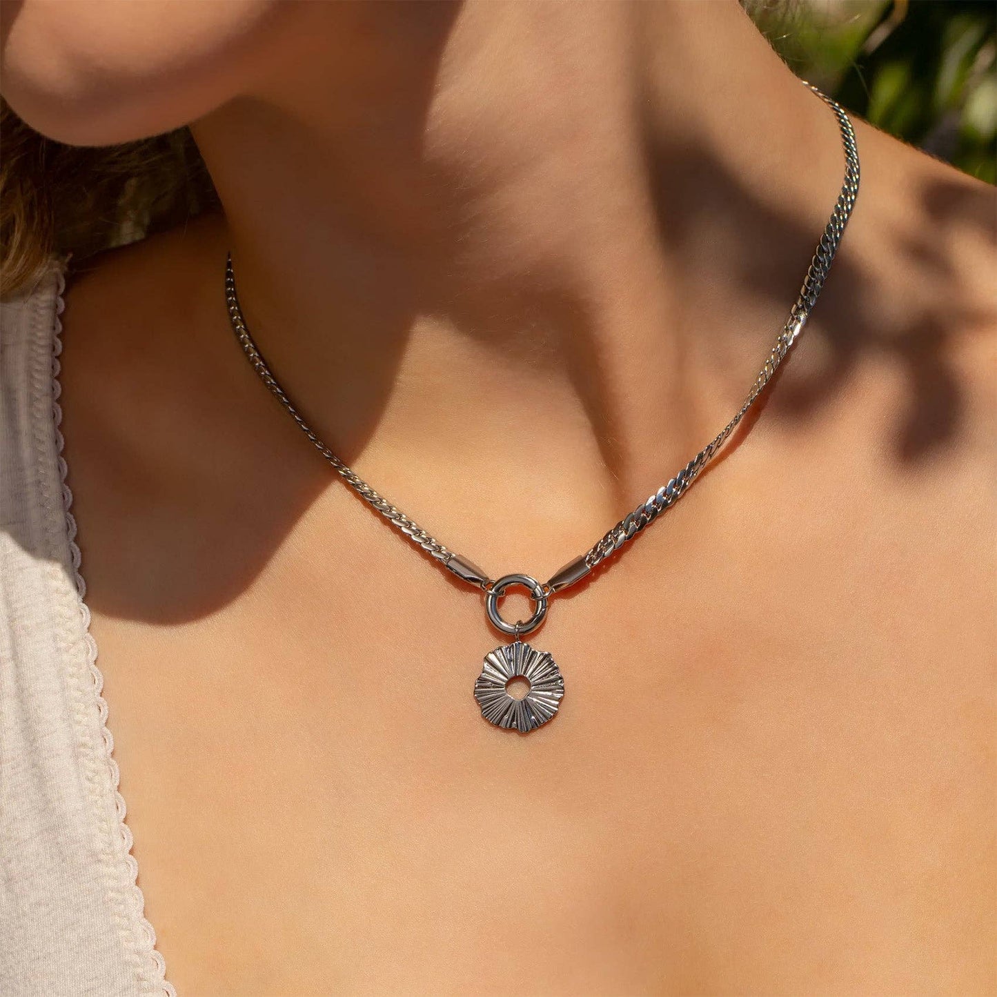 18K Gold PVD Stainless Steel Curb Charm Holder Necklace: Stainless / 18'+2"