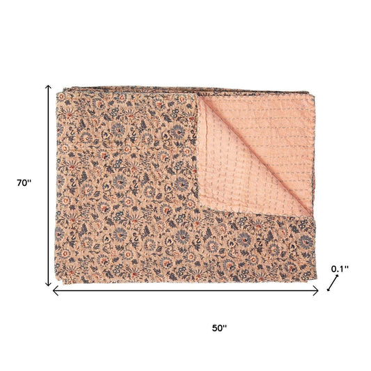 50" X 70" Peach And Gray Floral Cotton Quilted Kantha Throw Blanket with Embroidery: Magenta / Purple / Pink / Cotton - 50"x70"