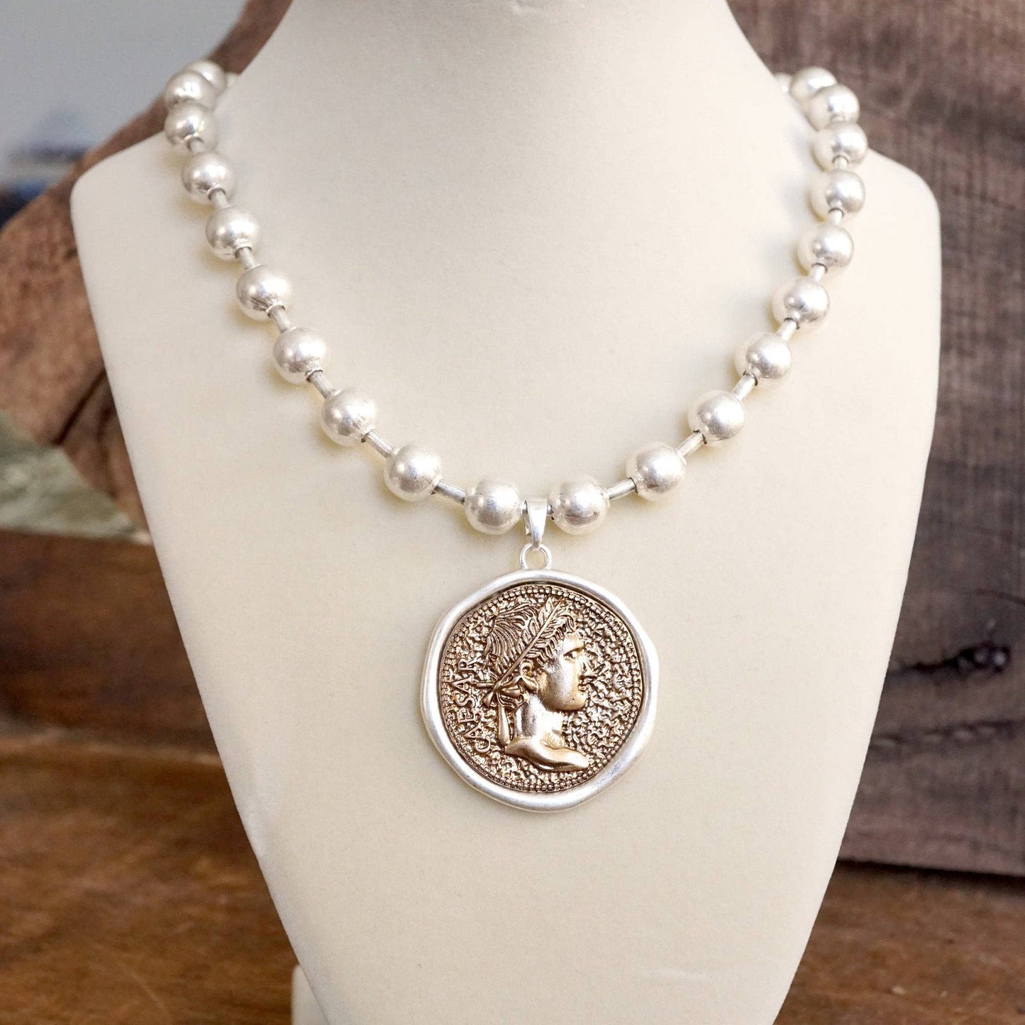 Coin Chunky Ball Chain Statement Necklace – Gold and Silver Tone: Silver