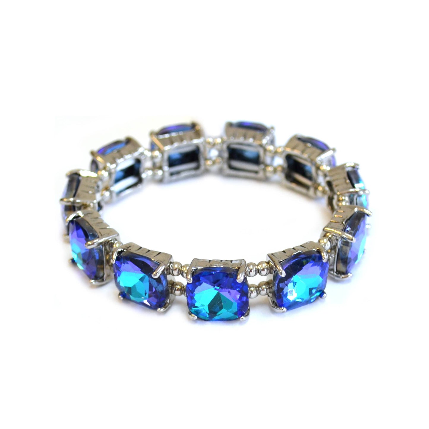 Cushion Cut Glass Crystal Linked Stretch Bracelet: BLACK