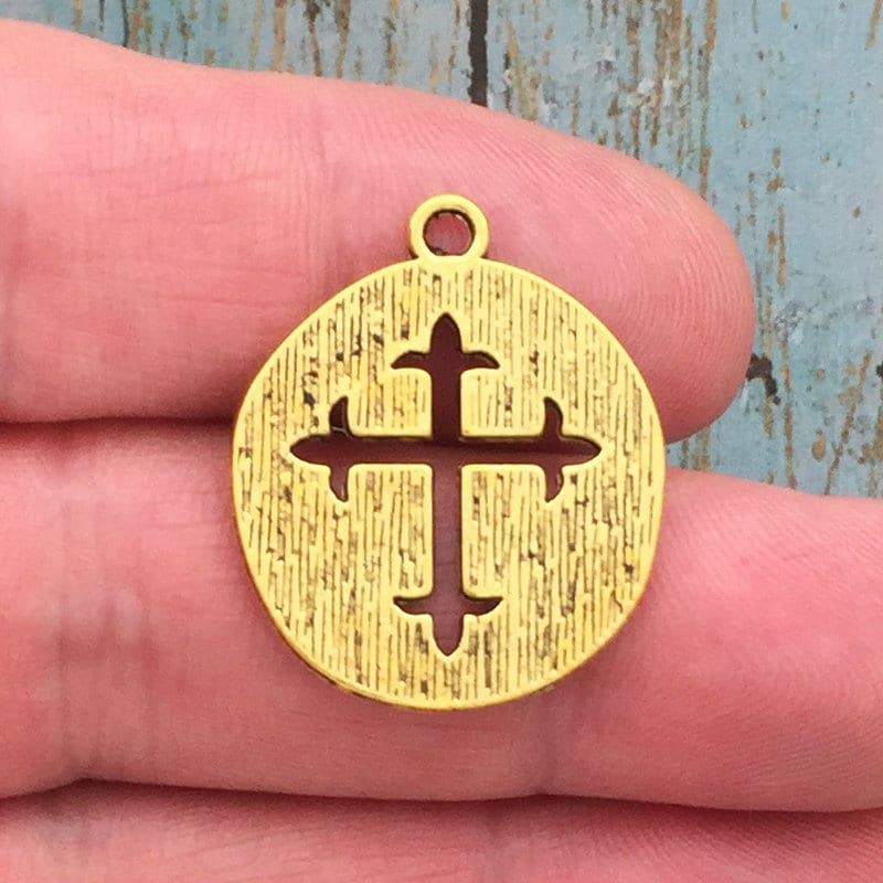 3 Fleur de Lis Cross Charm Pendants in Gold by TIJC