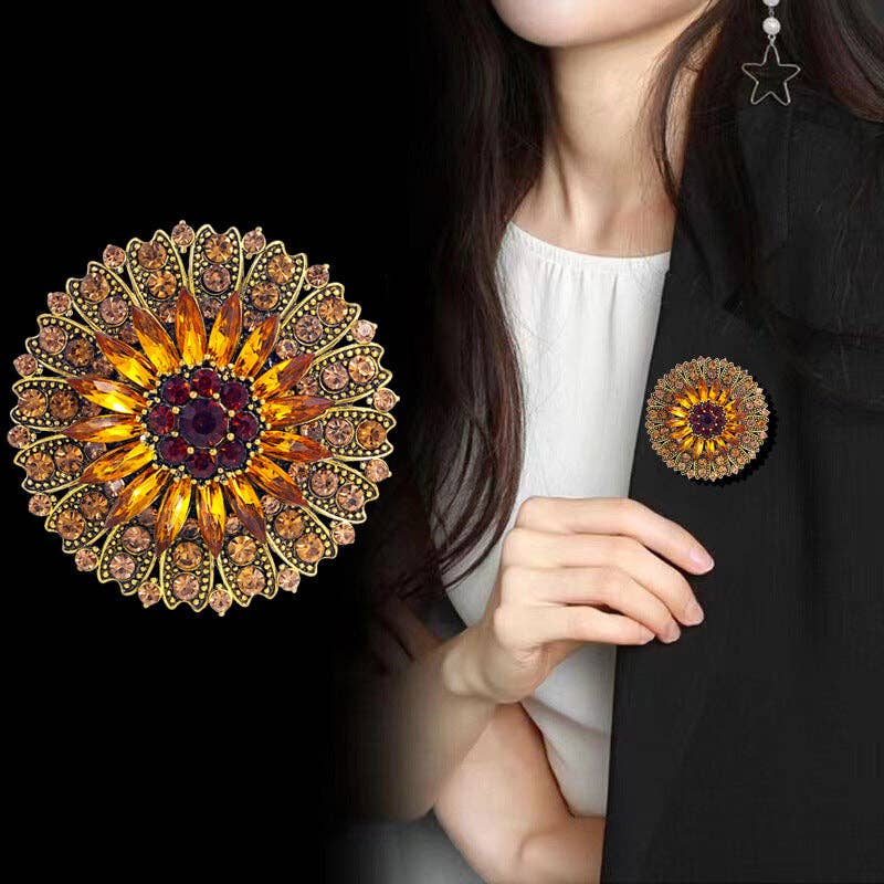 Retro Sunflower Alloy Rhinestone Brooch PA5808: Bronze