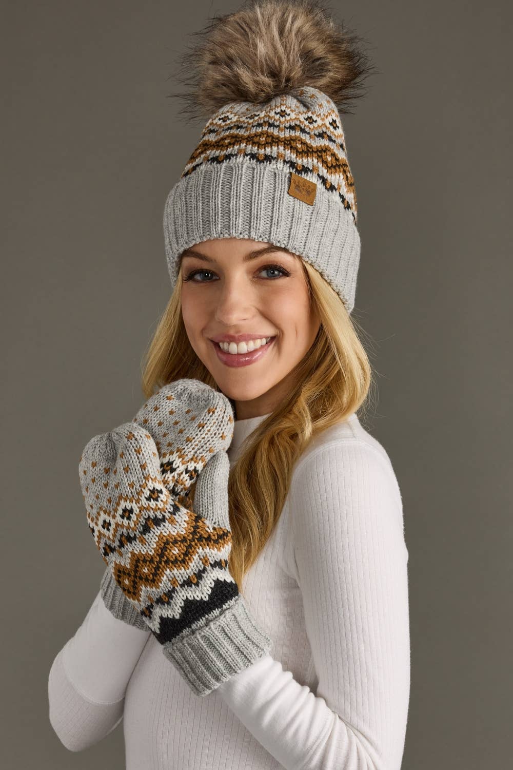 Gray, Camel & Black Patterned Pom Hat