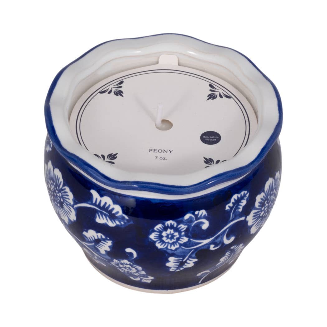 Candle - Blue/White Ceramic Chinoiserie Peony, 7 Oz