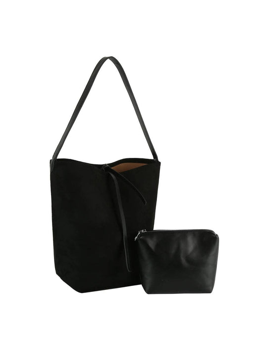 Black Suede Bucket Bag with Clutch