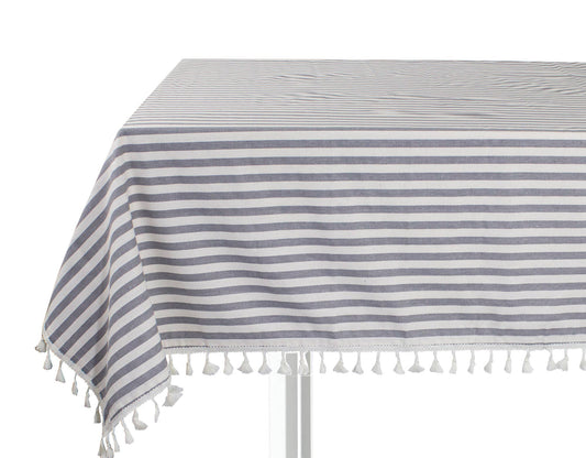 Grey Simply Striped Tasseled Cotton Blend Tablecloth