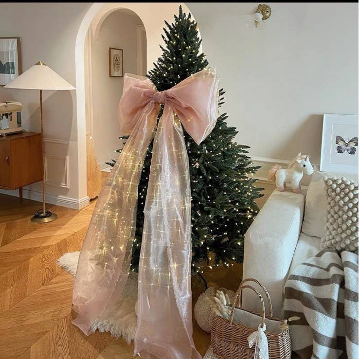 78*19inches Mesh Giant Bow Christmas Tree Topper Xmas Decor: Pink02 / L
