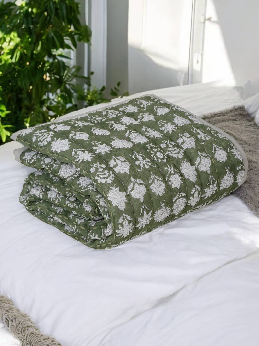 Block Printed Kantha Quilted Cotton Throw Blanket