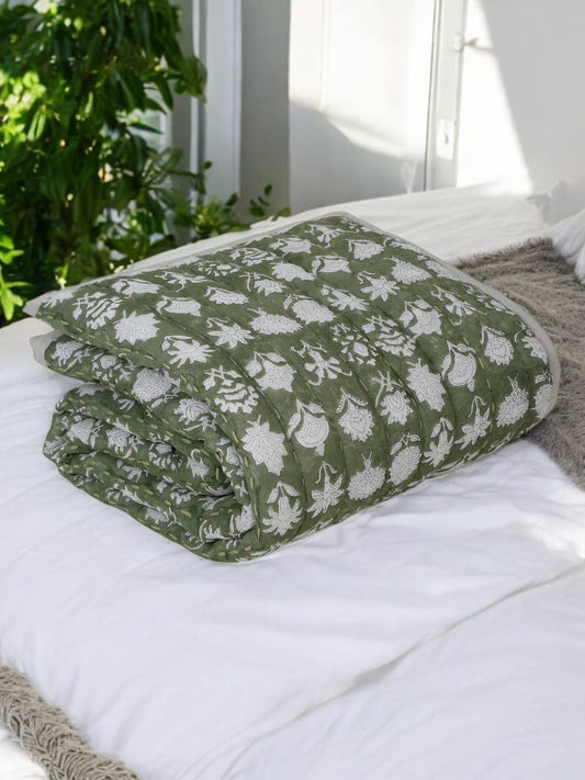Block Printed Kantha Quilted Cotton Throw Blanket