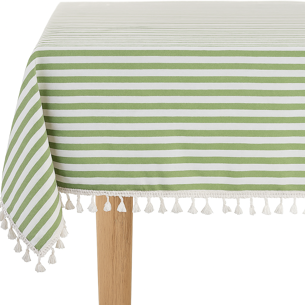 Green Rustic Simply Striped Tasseled Cotton Blend Tablecloth: 55"X80"