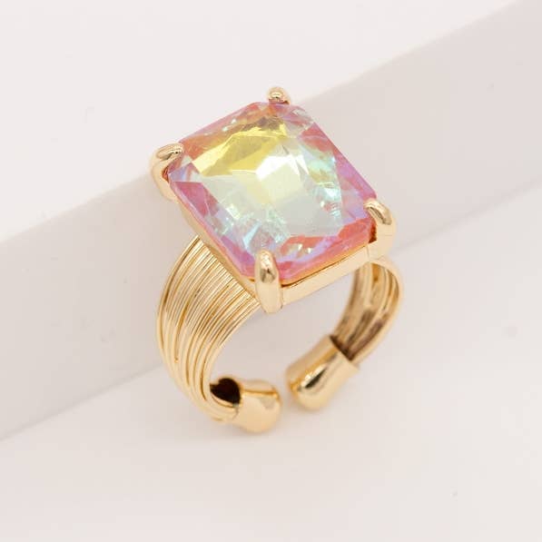 Square Glass Cushion Cut Cocktail Adjustable Wire Ring: GREEN-AB
