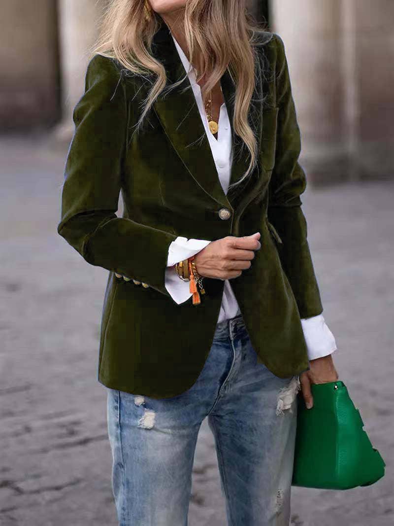Women's Velvet Blazer One Button Elegant Office Jacket: Army Green / XL