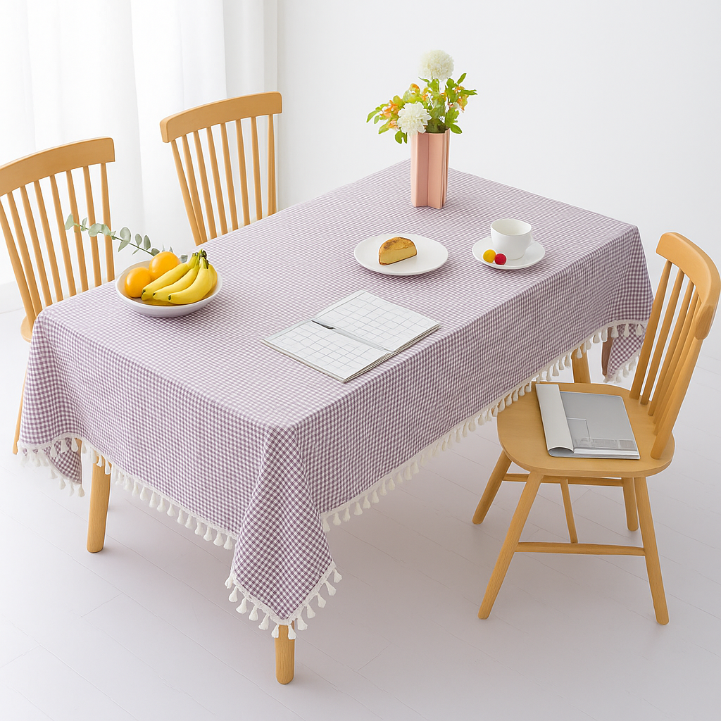 Purple Gingham Plaid Tasseled Cotton Tablecloth: 56"x80"