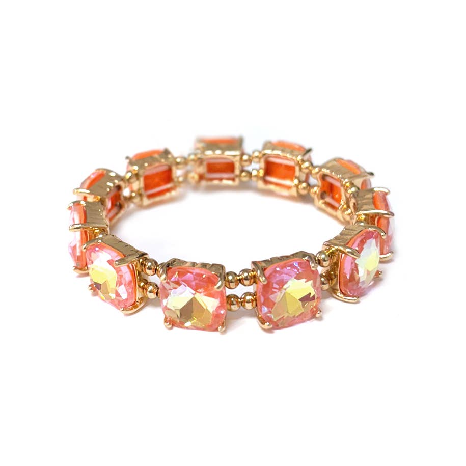 Cushion Cut Glass Crystal Linked Stretch Bracelet: MINT-AB