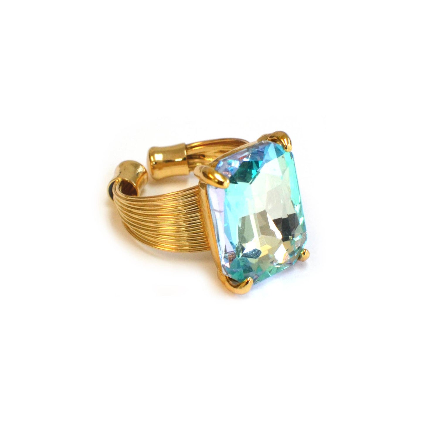 Square Glass Cushion Cut Cocktail Adjustable Wire Ring: GREEN-AB
