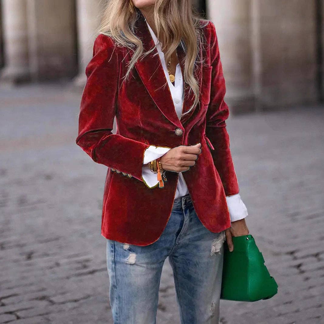 Women's Velvet Blazer One Button Elegant Office Jacket: Army Green / M