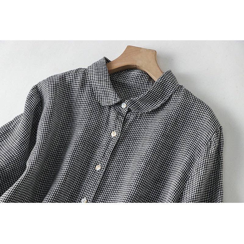Short Sleeve Lapel A-Line Ramie Cotton Casual Retro Dress: BLACK / L