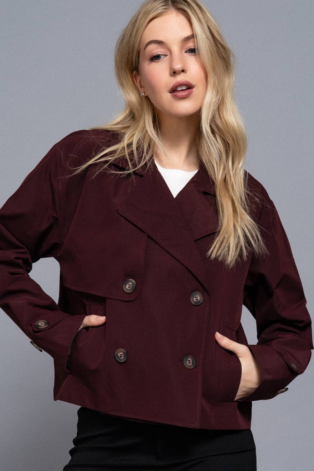 M-Long Sleeve Front Double Breasted Short Trench Jacket: BLK-black