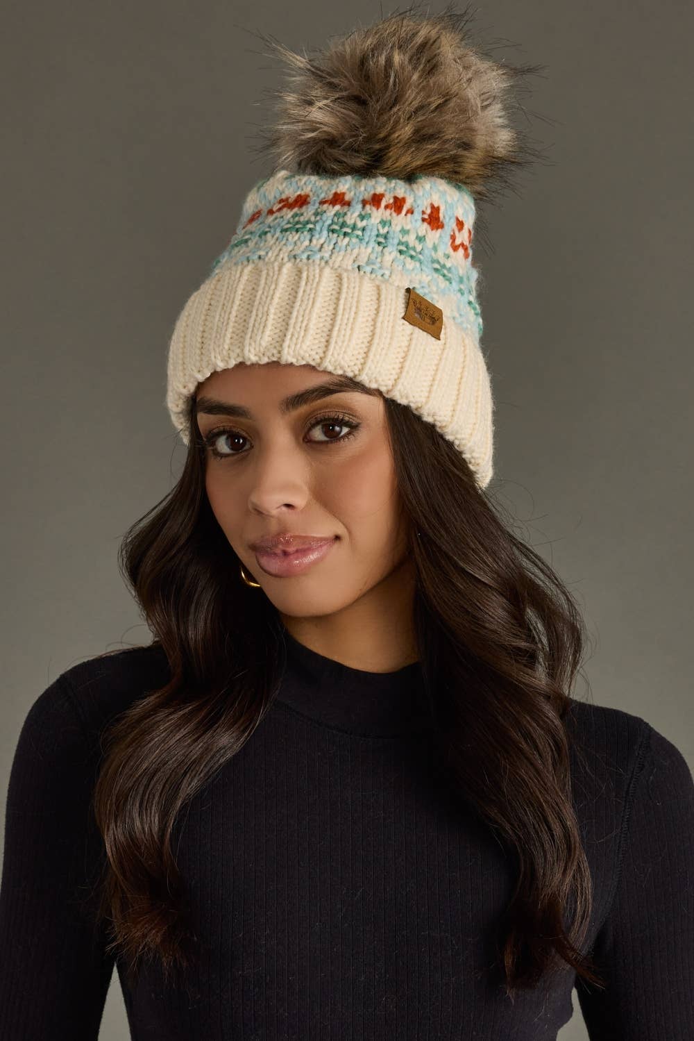 Ivory, Lt. Blue, Mint & Orange Patterned Pom Hat