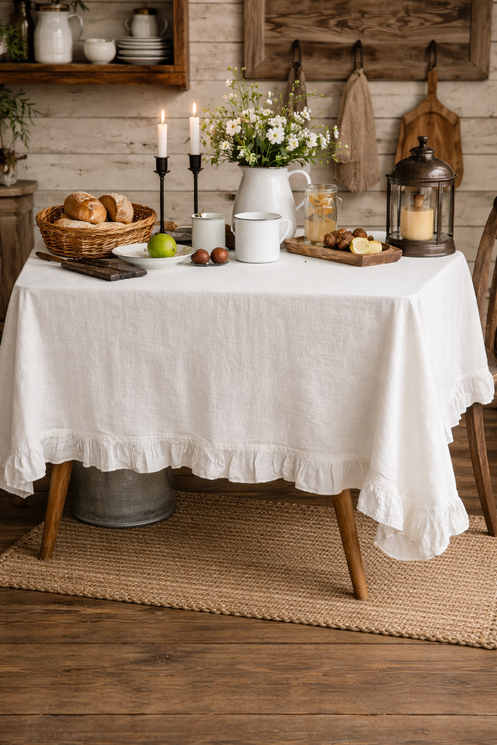 White French Embroidered Ruffled Cotton Tablecloth: 55"x78" Rectangular