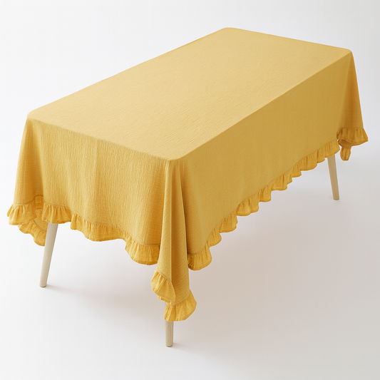 Yellow French Embroidered Ruffled Cotton Tablecloth: 55"X70" Rectangular