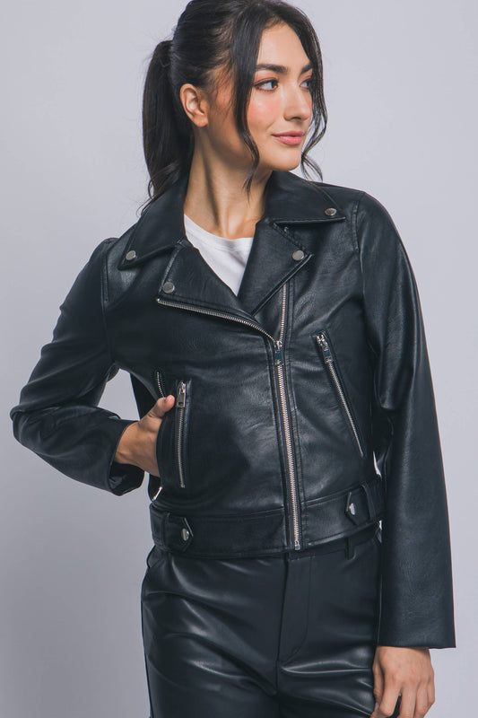 Faux Leather Moto Jacket W/ Asymmetrical Zip Up SI-29109: BLACK-191969 / L