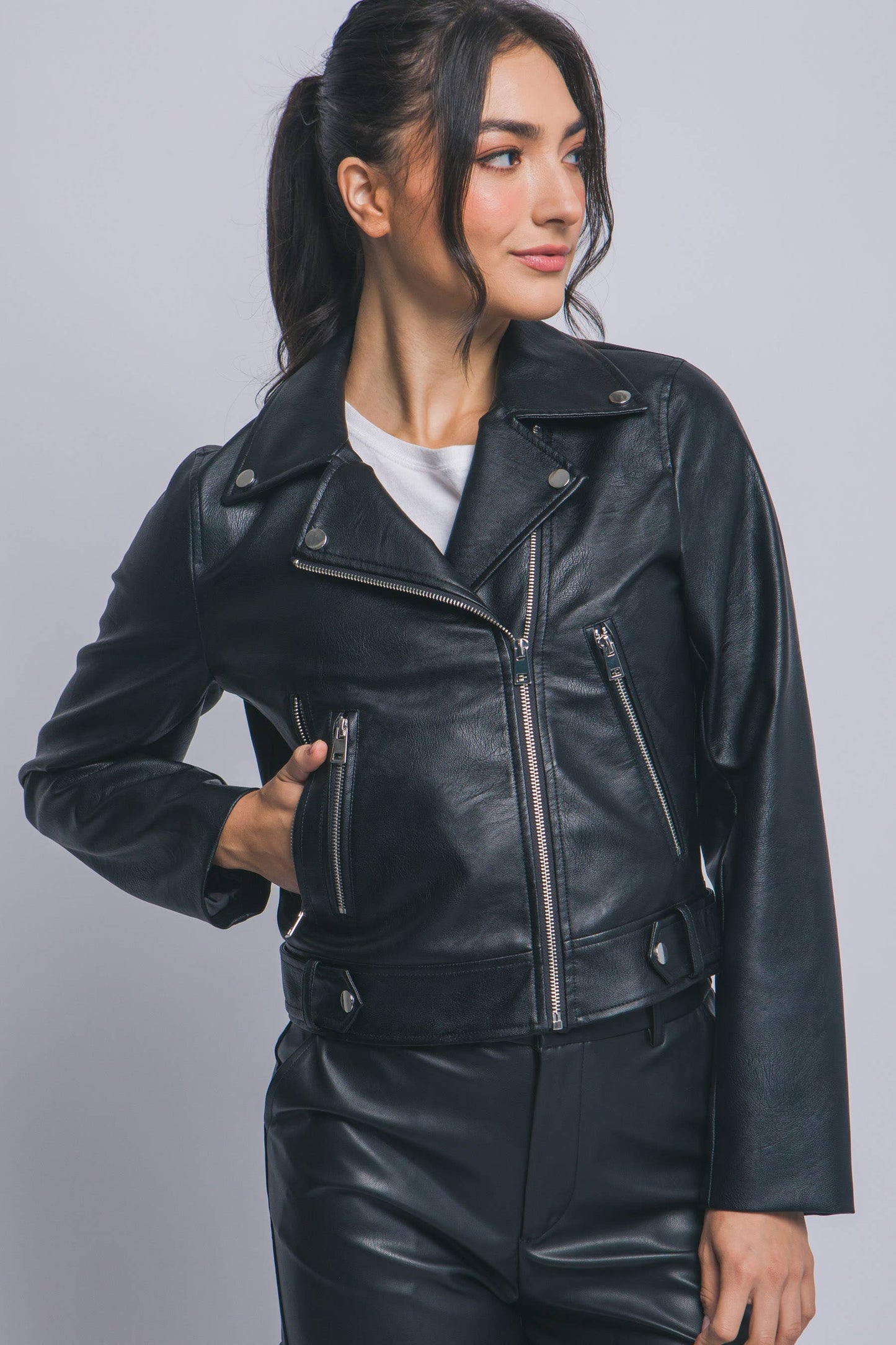 Faux Leather Moto Jacket W/ Asymmetrical Zip Up SI-29109: ESPRESSO-202833 / M