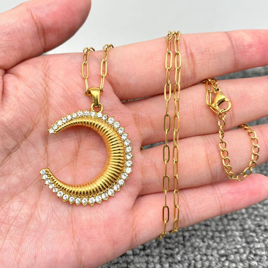 Inlaid CZ Crescent Moon 18K Golden SS Necklace - FGS/MS