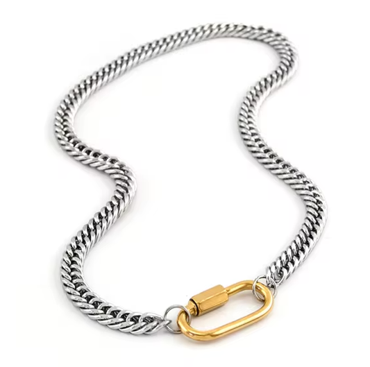 Carabiner  Stainless Steel Necklace Two Tone-opens: Silver