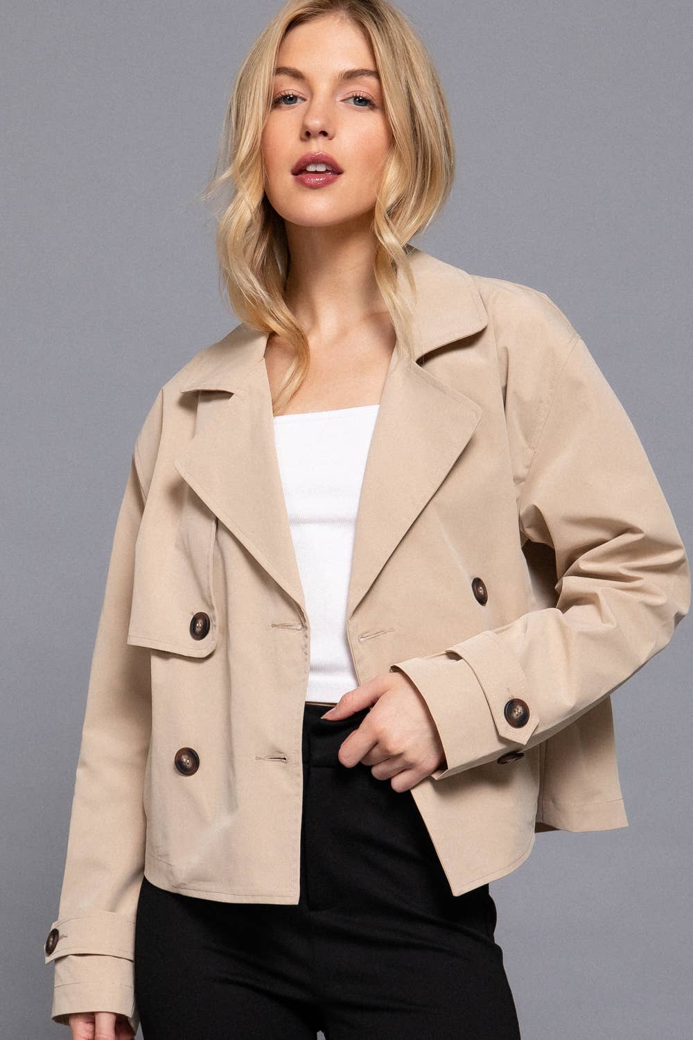 S-Long Sleeve Front Double Breasted Short Trench Jacket: BLK-black