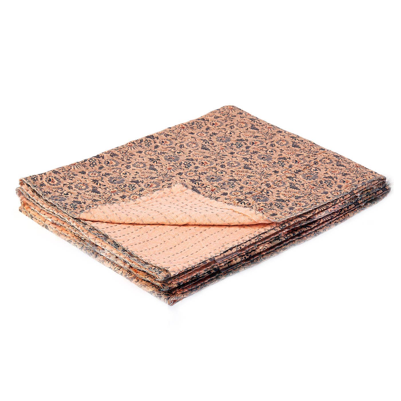 50" X 70" Peach And Gray Floral Cotton Quilted Kantha Throw Blanket with Embroidery: Magenta / Purple / Pink / Cotton - 50"x70"