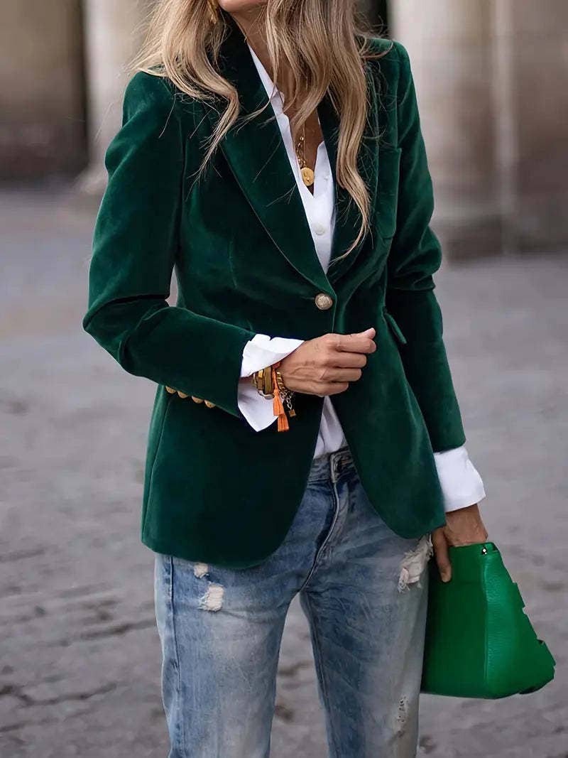 Women's Velvet Blazer One Button Elegant Office Jacket: Army Green / M